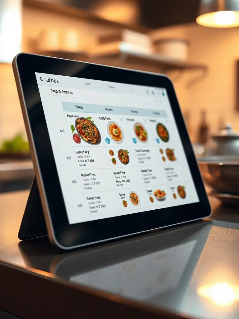 A close-up shot of the Culinex prep scheduling module interface, showcasing a drag-and-drop interface with various food items and preparation times clearly displayed.