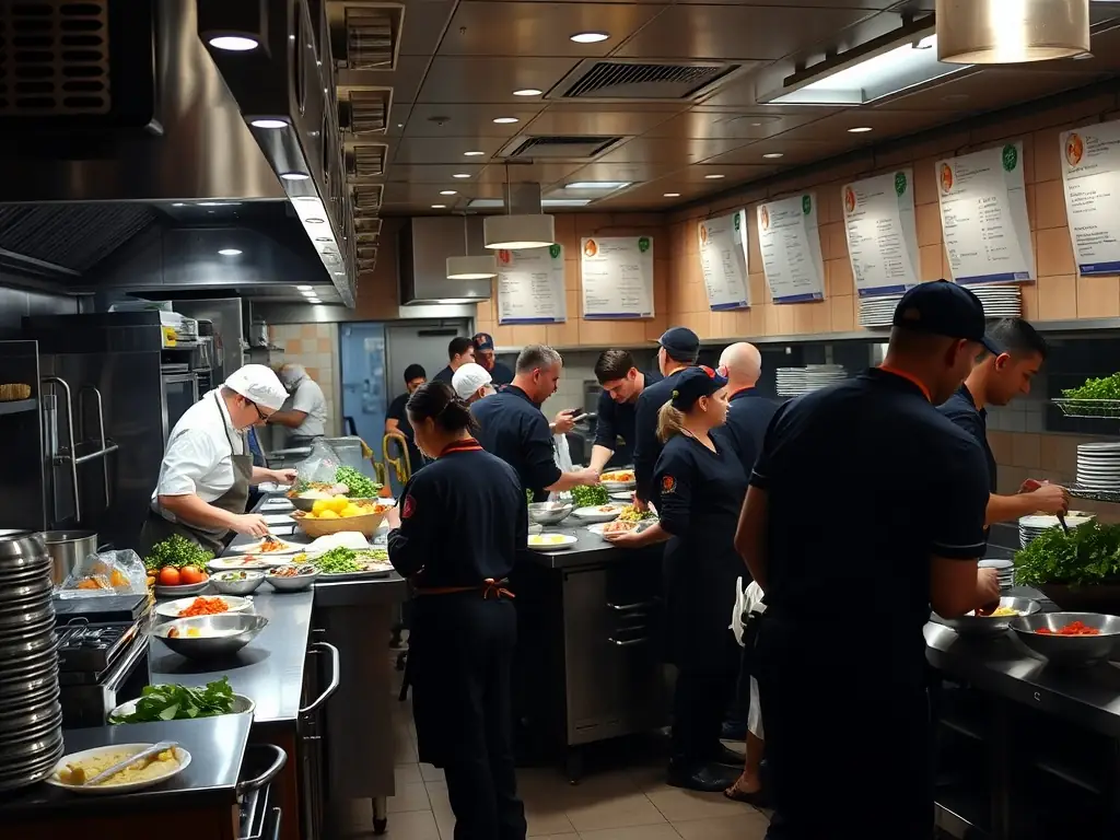 A vibrant, bustling quick-service restaurant kitchen with chefs efficiently preparing meals, showcasing the fast-paced environment and the need for streamlined kitchen management.