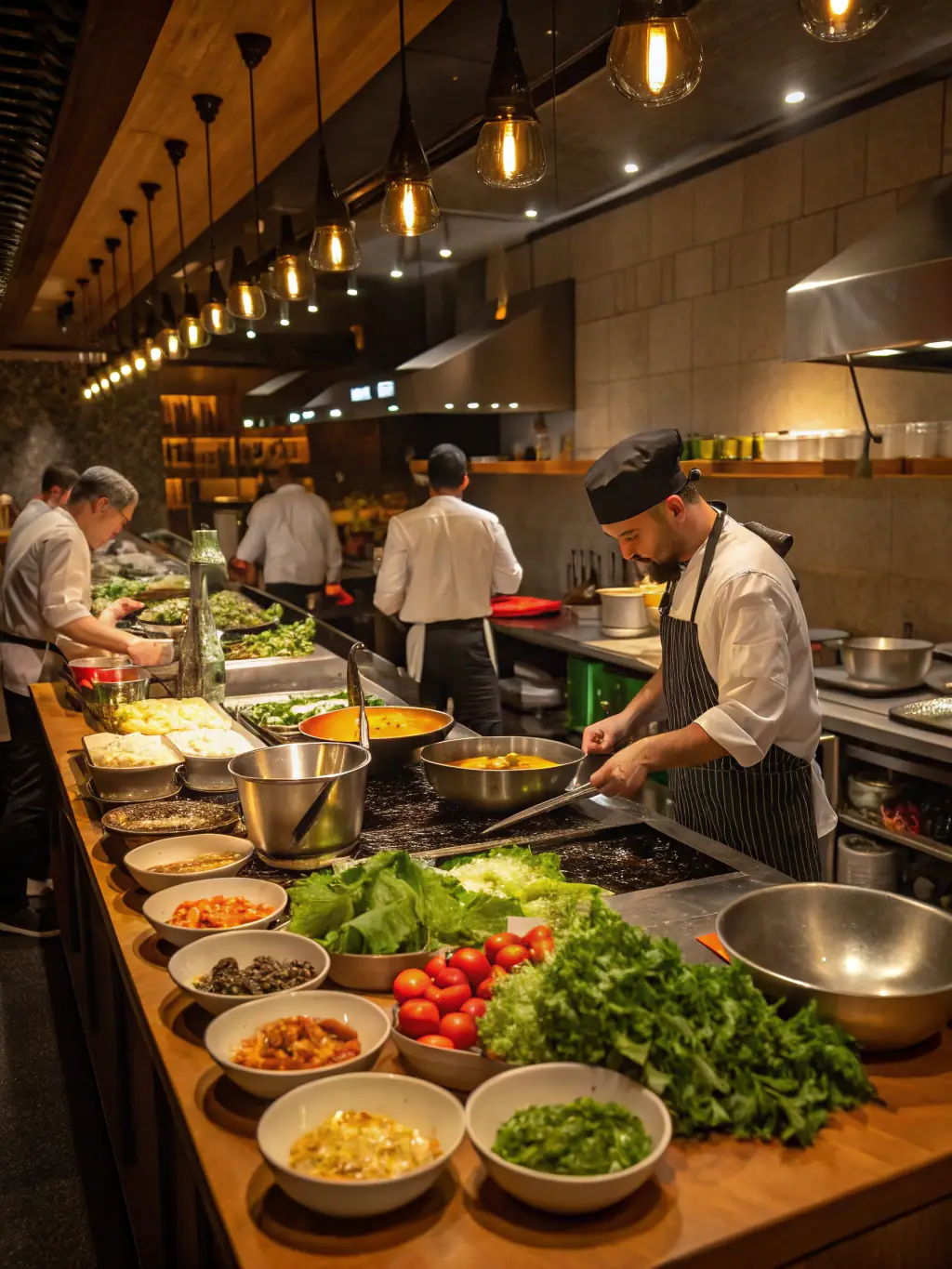A brightly lit, modern quick-service restaurant kitchen with digital order screens and efficient food preparation stations. The image emphasizes speed and technology integration, showcasing how Culinex can optimize operations in a fast-paced environment.