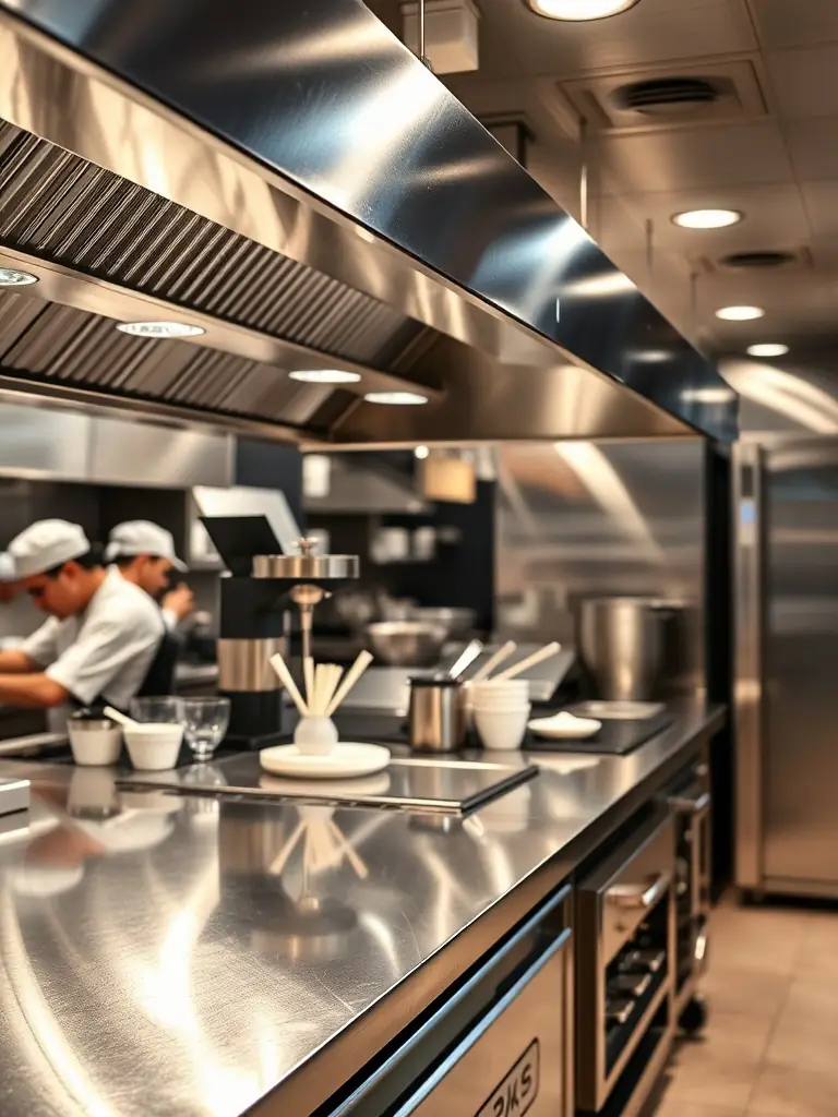 An elegant, dimly lit fine dining restaurant kitchen with chefs meticulously plating dishes. The image focuses on precision and quality, highlighting how Culinex can maintain high standards in a demanding setting.