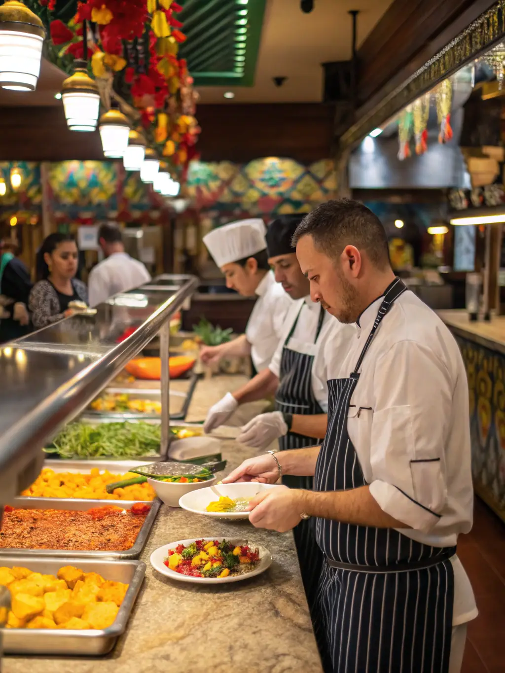 A bustling catering service kitchen with staff preparing large quantities of food for an event. The image highlights scalability and organization, showcasing how Culinex can handle large-scale operations.