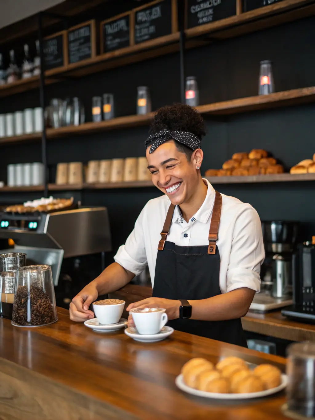 A cozy cafe kitchen with baristas preparing coffee and pastries. The image emphasizes a relaxed atmosphere and personalized service, showcasing how Culinex can support smaller, customer-focused establishments.